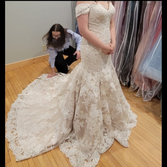 Allure Bridals Dresses & Skirts - Strapless Lace Dramatic Train Wedding Dress Ivory Champagne Size 8